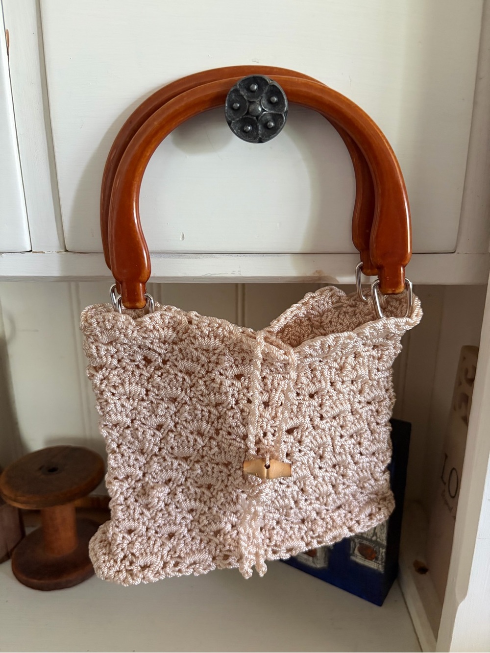 Handmade Crochet Beige Women’s Bag With Hard Plastic Handles